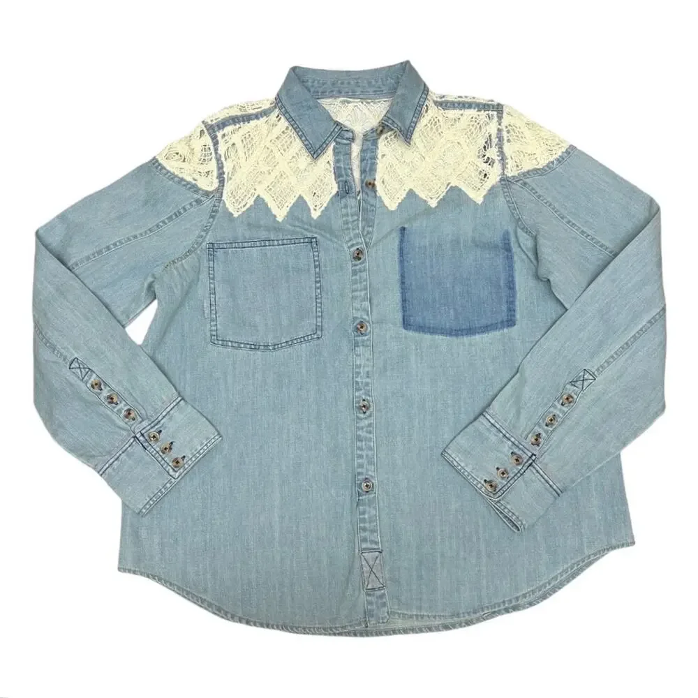 NEW Free People Denim Fields Crochet Indigo Button Down Shirt Size XS